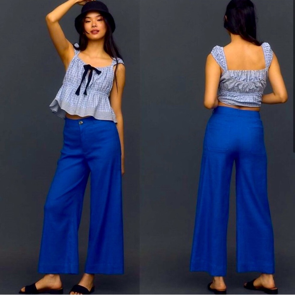 Ettie by Maeve Anthropologie Blue linen crop pant wide leg size 29 NWT